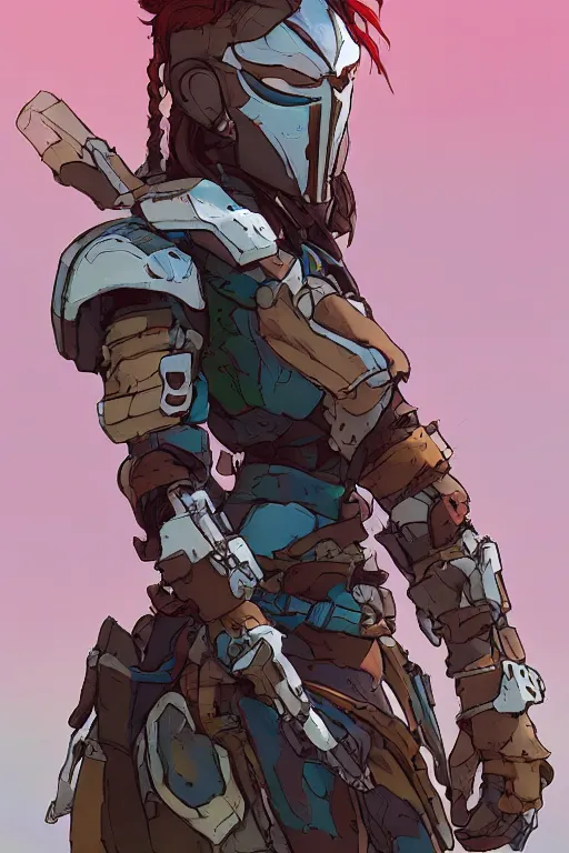 Image similar to combination suit armor aloy horizon forbidden west horizon zero dawn robot ninja mask helmet backpack tribal, gta 5 comics, official fanart behance hd artstation by jesper ejsing, by rhads, makoto shinkai and lois van baarle, ilya kuvshinov, ossdraws