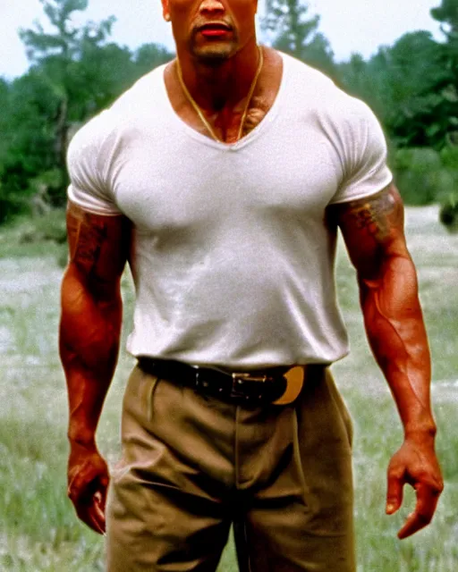 Prompt: film still close up shot of dwayne johnson as forrest gump. photographic, photography