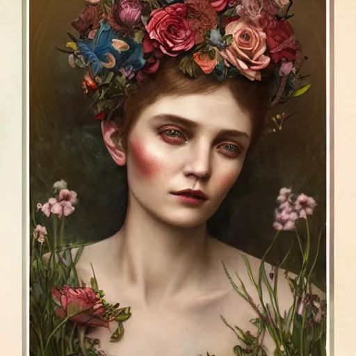 Image similar to flower queen, by annie swynnerton and tino rodriguez and tom bagshaw, dramatic lighting, floral tattoos, rich colors, smooth sharp focus, extremely detailed, adolf wolfli