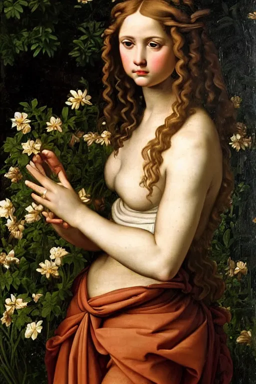 Image similar to renaissance painting of young girl in the garden, closeup, curly long hair, face closeup, emotions closeup, dressed in roman armour, the beautiful garden with maple leaves everywhere, ultra detailed, art by guido reni style, vincenzo catena style