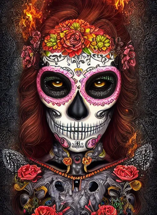 Image similar to portrait of a sugar skull, flaming eyes, intricate, highly detailed, smooth, digital illustration, the dark and quirky art of scott radke