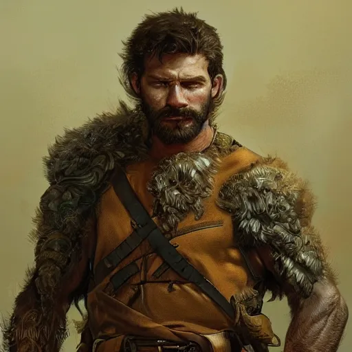 Image similar to portrait of a rugged ranger, 3 0 years old, muscular, upper body, hairy torso, d & d, fantasy, intricate, elegant, highly detailed, digital painting, artstation, concept art, smooth, sharp focus, illustration, art by artgerm and greg rutkowski and alphonse mucha