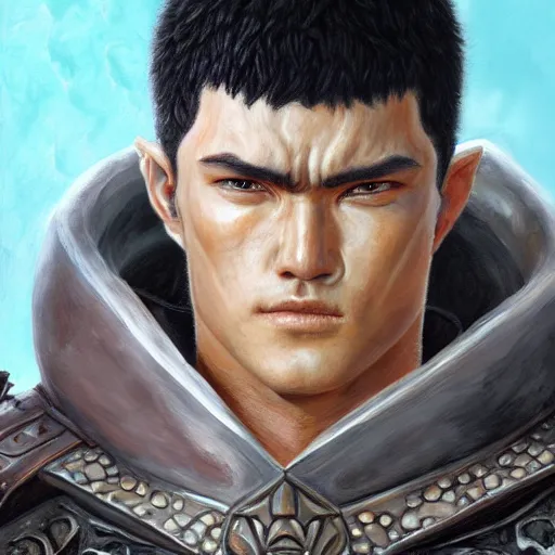 Image similar to oil painting portrait of guts from berserk extremely detailed, made by wlop and maxwell boas