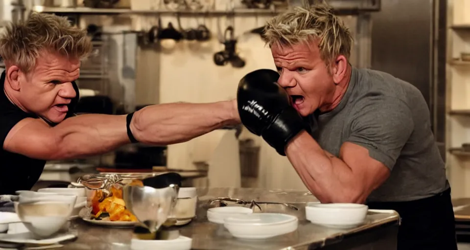 Image similar to photo of angry furious Gordon Ramsay punching Gordon Ramsay at the kitchen