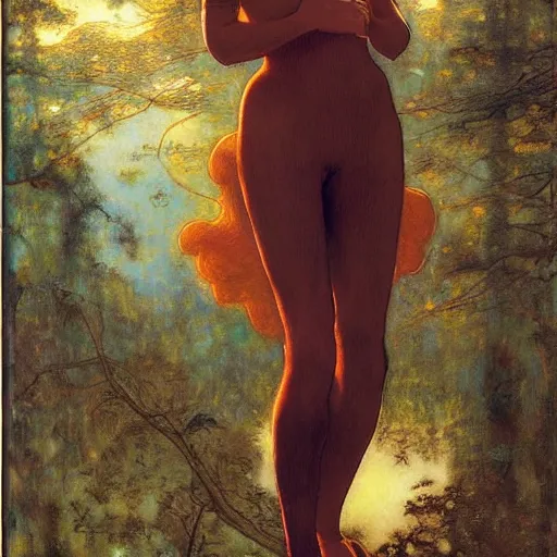 Image similar to beautiful woman with auburn hair in a skin-tight designer spacesuit, aloof in the forest at dusk, by Edgar Maxence and Ross Tran and Michael Whelan and Gustav Klimpt