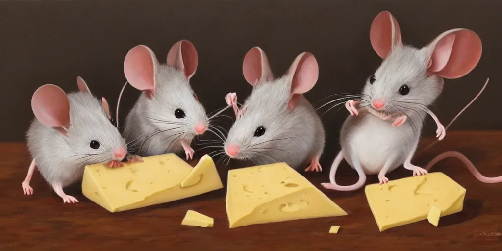 Prompt: beautiful painting of several cartoon mice eating a cartoon block of cheese; oil painting, masterpiece, extremely highly detailed; ultra realistic; trending on artstation