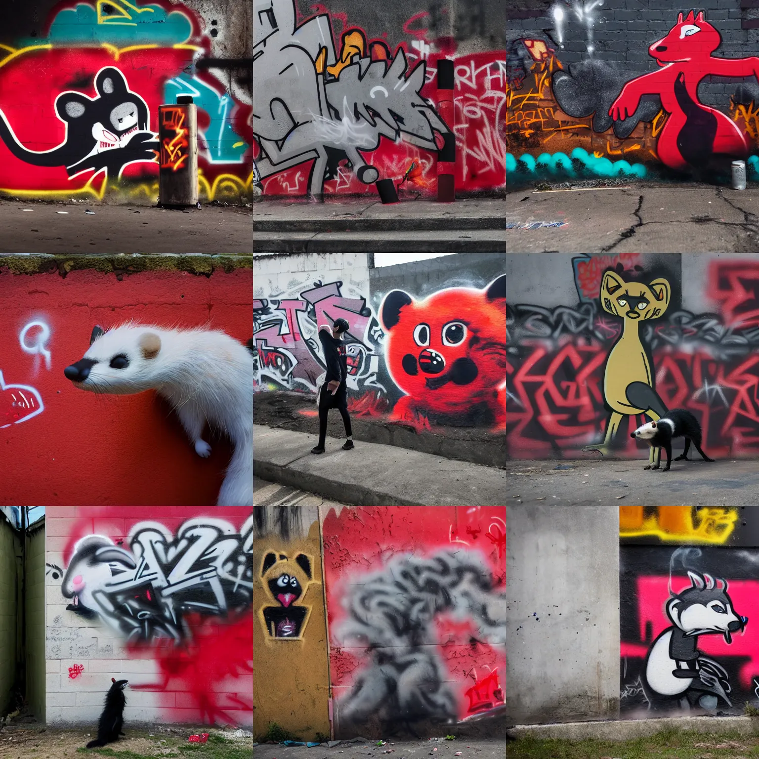 Prompt: photo ( far _ shot ), subject [ furry _ fandom _ fursona _ original _ character ( red - black, anthropomorphic _ humanoid, weasel - ferret - stoat ) ], background ( smoke, concrete ), medium [ graffiti ( spray _ paint ) ], location ( favela _ wall )