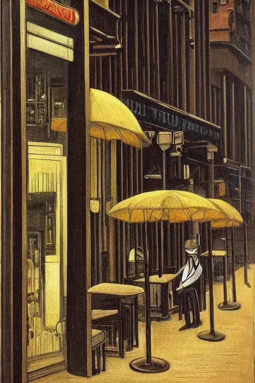 Prompt: empty cafes on a rainy night in a cyberpunk city street by giorgio de chirico