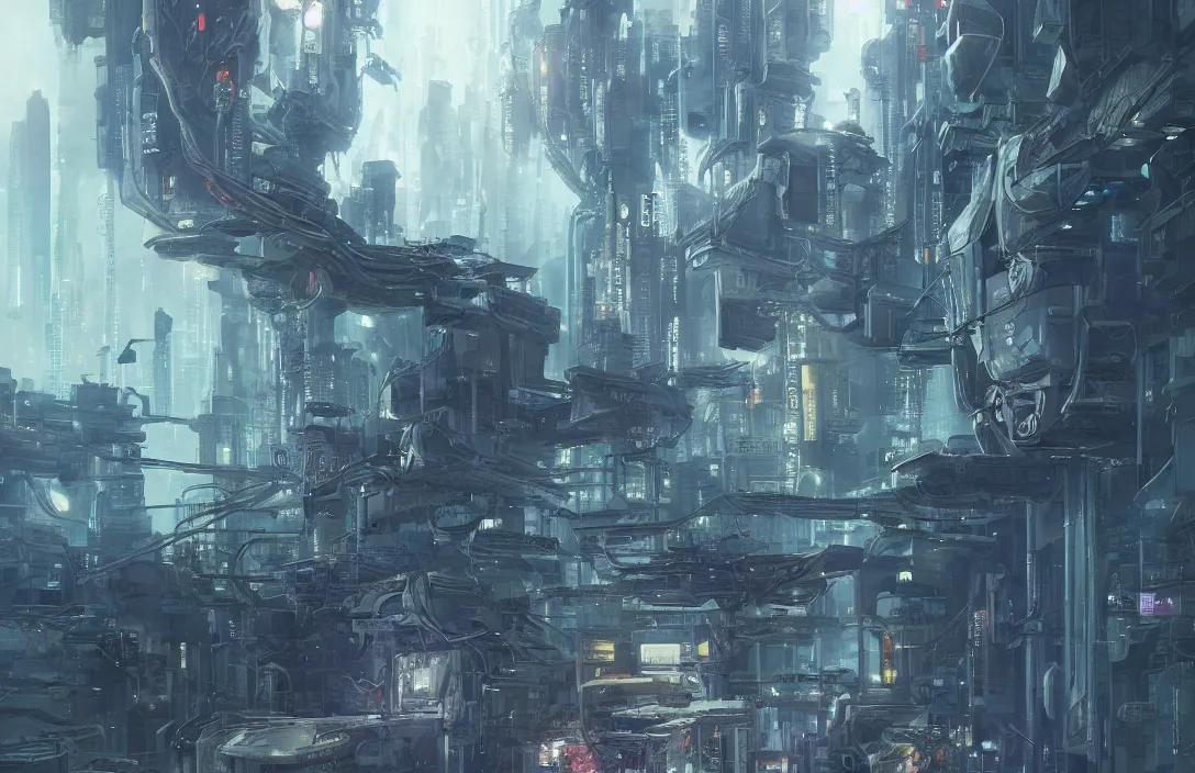 Image similar to transhumanism, concept art, fine details, studio ghibli, cinematic lighting, ghost-in-the-shell, cyberpunk,sci-fi, fantasy, intricate, elegant, highly detailed, digital painting, trending on artstation, concept art, smooth, sharp focus, illustration, by james gurney and greg rutkowski