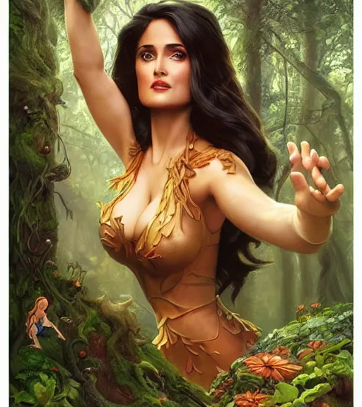 Image similar to Disney art of Salma Hayek as a fairy in a forest on a mushroom, by artgerm, makoto sinkai, magali villeneuve, Gil Elvgren, Earl Moran,Enoch Bolles, symmetrical,