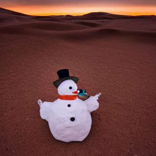 Image similar to a snowman is lost in the desert at sunset, beautiful photography, 8k, ambient light