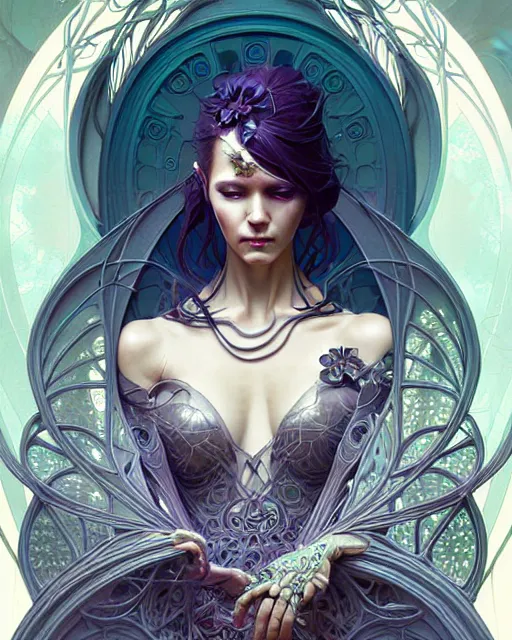 Prompt: Beautiful ethereal cyberpunk woman in her fifties, art nouveau, fantasy, intricate flower designs, elegant, highly detailed, sharp focus, art by Artgerm and Greg Rutkowski and WLOP