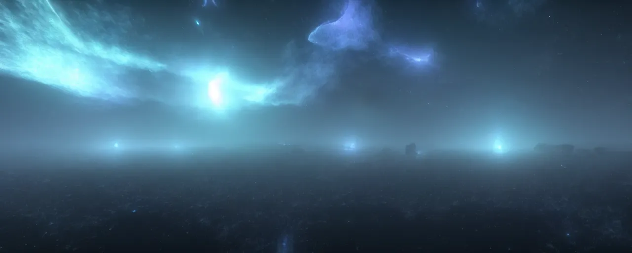 Image similar to render of haunting atmospheric space, nebula, homeworld skies, volumetric lighting, fog, smoke