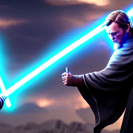 Image similar to ultra detailed picture of a fight where obi wan kenobi is against darth vador, unreal engine, extremely detailed, epic, dark, highly realistic, spiritual masterpiece, beautiful, ultra hd