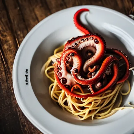 Image similar to an octopus on top of a plate of spaghetti, professional photography