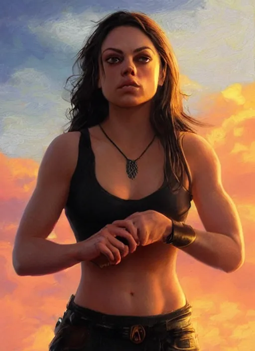 Image similar to Mila Kunis wearing black choker, epic portrait of a very strong muscled Amazon heroine, sun beams across sky, pink golden hour, stormy coast, intricate, elegance, highly detailed, shallow depth of field, epic vista, concept art, art by Artgerm and Donato Giancola, Joseph Christian Leyendecker