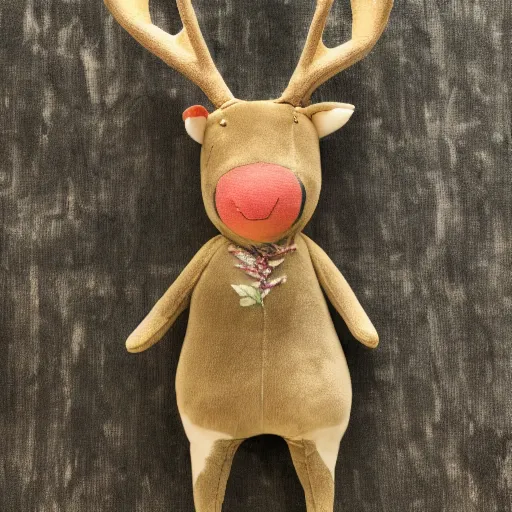 Image similar to a portrait of a realistic deer plush doll with forest background