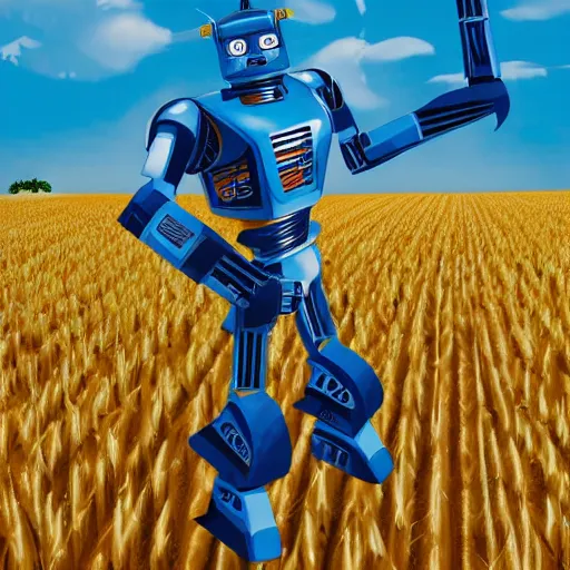 Image similar to a photo of transformers wearing a straw hat blue overalls in the corn field, robots, humanoid, star wars, chappie, farming, photorealistic, 8 k