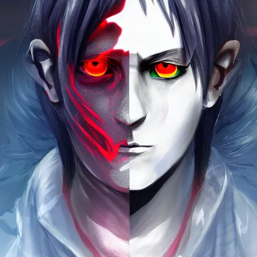 Image similar to an anime character with completely white eyes and a glitch on his face, artstation, ultradetailed