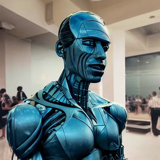Image similar to a realistic detailed photo of a guy who is an attractive humanoid who is half robot and half humanoid, who is a male android, wrestler adolfo batista, shiny skin, posing like a statue, blank stare, by the pool, on display, showing off his muscles, humanoid robot, frozen ice statue