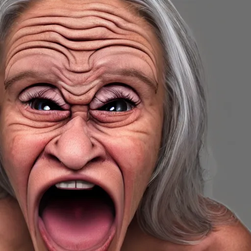 Image similar to caricature of extremely angry mascular wrinkled screaming woman 8k ultra detailed