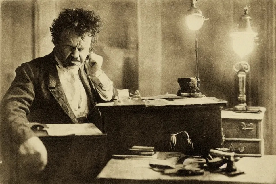 Prompt: wet plate photograph, august strindberg angry shouting and banging his fist on a secretary desk in a small messy viennese apartment, night time, alone, lamplight, victorian era, depth of field, very detailed, highly accurate, intricate