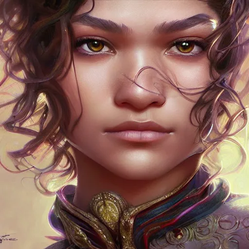 Prompt: beautiful young zendaya, closeup, d & d, fantasy, intricate, elegant, highly detailed, digital painting, artstation, concept art, matte, sharp focus, illustration, art by artgerm and greg rutkowski and alphonse mucha