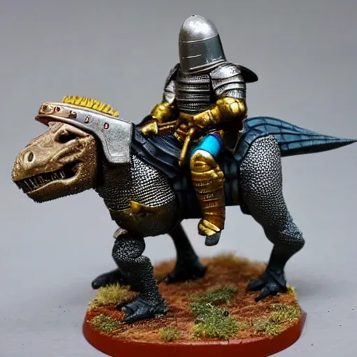 Prompt: mini of medieval english knight in full armor with sword riding a dinosaur in full armor, heavy cavalry, Asgard rising, 28mm scale