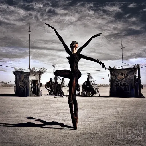 Image similar to burning man ballerina, digital art, post apocalyptic, fantasy, by h. r. giger