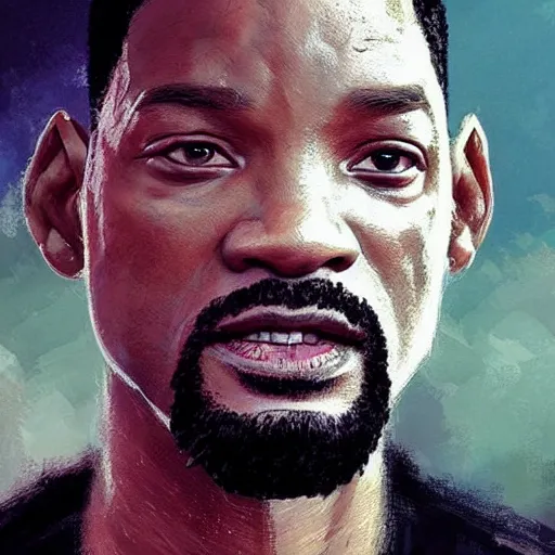 Image similar to “Portrait of Will Smith by Greg Rutkowski, young, manly, attractive, strong, older brother vibes, highly detailed portrait, scifi, digital painting, artstation, concept art, smooth, sharp foccus ilustration, Artstation HQ”