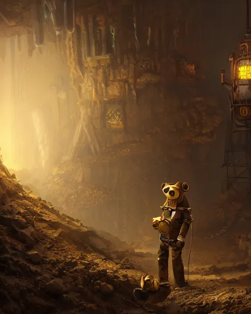 Image similar to oil painting of poor anthropomorphized steampunk mole mining gold, sharp focus, fantasy style, dark mine shaft backround, octane render, volumetric lighting, 8k high definition, by greg rutkowski, highly detailed, trending on art Station