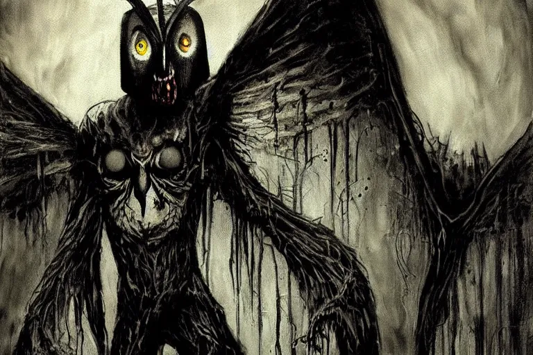 Image similar to mad horror painting of mothman by ben templesmith