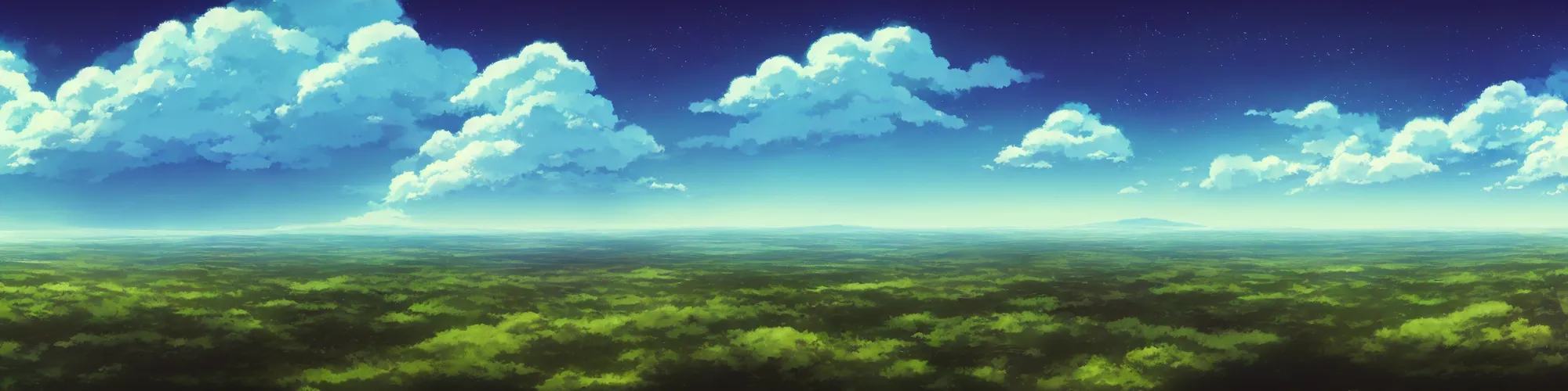 Image similar to panorama view of the sky. matte painting, anime, studio ghibli. professional digital painting, artstation, concept art, smooth, beautiful, cinematic. no mountains and trees.