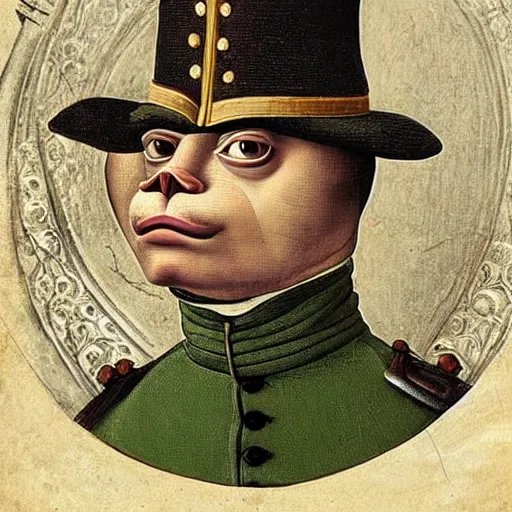 Image similar to pepe the frog as 1 9 th century prussian soldier, elegant portrait by sandro botticelli, detailed, symmetrical, intricate
