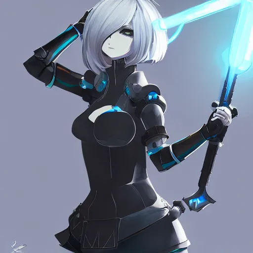 Prompt: 2B (Nier Automata) in the style of Starcraft 2, promo art