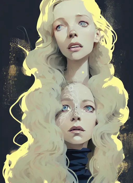 Image similar to highly detailed closeup portrait of beautiful portia doubleday, blonde wavy hair, angela moss, white suit by atey ghailan, by greg rutkowski, by greg tocchini, by james gilleard, by joe fenton, by kaethe butcher, gradient yellow, black and white color scheme, grunge aesthetic!!! ( ( graffiti tag wall background ) )