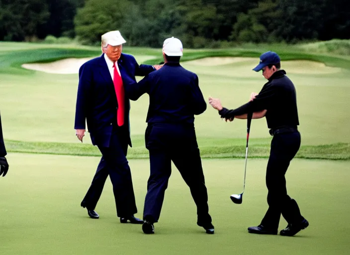 Image similar to Donald Trump with hands behind back taken away by two young FBI agents wearing uniforms at golf course, photo by Alex Webb, photo by James Nachtwey