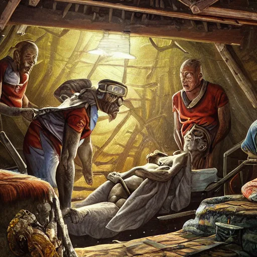 Prompt: primitive extraterrestrial villagers caring for injured human at bedside, inside primitive hut, cinematic, worm's eye view, dramatic lighting, illustration, ron cobb, mike mignogna, science fiction, detailed painting, high detail, rough paper