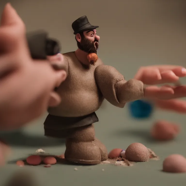 Image similar to a cinematic film still of a claymation stop motion film starring tom segura, shallow depth of field, 8 0 mm, f 1. 8