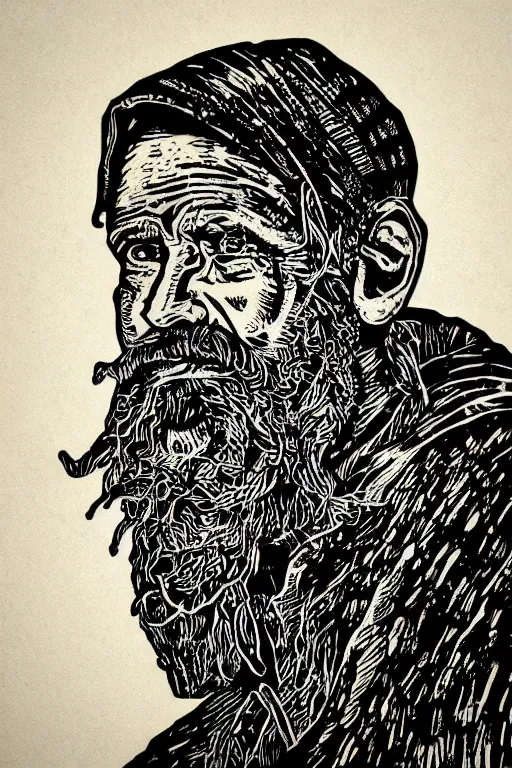 Prompt: portrait, a beautiful linocut print on paper of an old fisherman, 8 k, frostbite 3 engine, cryengine, dof, trending on artstation, digital art, crepuscular ray