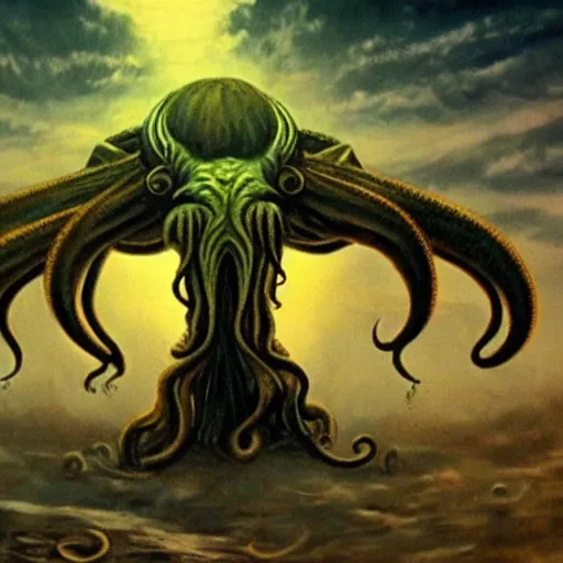 Image similar to beautiful cinematic scene of Cthulhu the cosmic god consuming the fearful people