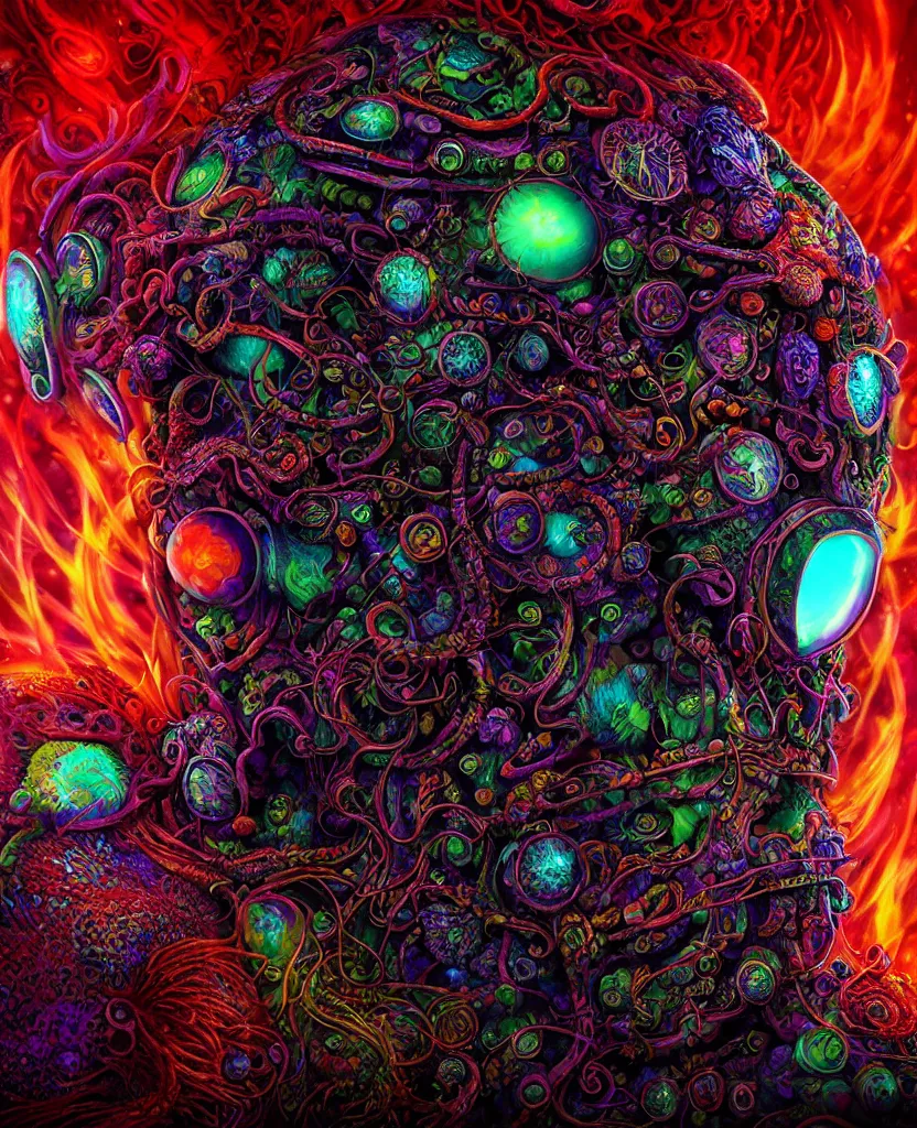 Image similar to psychedelic shaman close-up portrait. amanita muscaria phoenix head, nautilus, insect, skull, ice and fire, bioluminiscent creatures, intricate artwork by Tooth Wu and wlop and beeple. octane render, trending on artstation, greg rutkowski very coherent symmetrical artwork. cinematic, hyper realism, high detail, octane render, 8k