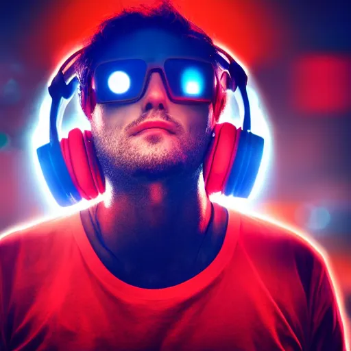 Image similar to a man, in red and blue spotlights, holds on to the headphones on his head, he wears dark visors, cyber songman, cyberpunk style portrait