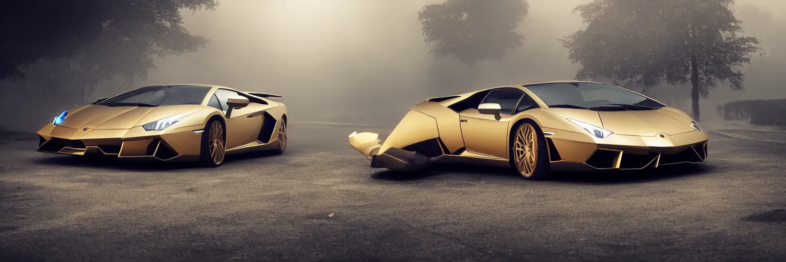 Image similar to parked lamborghini sian, fog, volumetric lighting, beautiful, golden hour, golden ratio, sharp focus, highly detailed, cgsociety