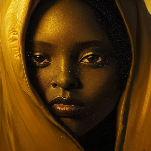 Image similar to a portrait of a young black woman wearing a long dark cloak, hood and shadows covering face, anatomically correct, beautiful perfect face, enigmatic, oil painting, matte painting, black background, Volumetric Golden dappled dynamic lighting, Highly Detailed, Cinematic Lighting, Unreal Engine, 8k, HD, by Beksinski