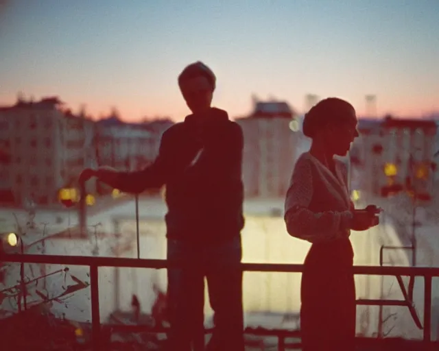 Image similar to lomo photo of pair standing on small hrushevka balcony full with cigarette smoke in small russian town looking at sunset, cinestill, bokeh