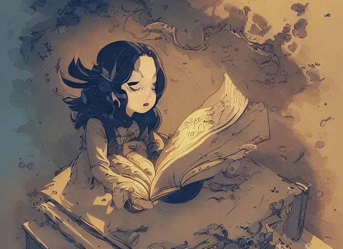 Image similar to highly detailed a little witch opening a book art by ghailan, james gilleard, by joe fenton, by greg rutkowski, by greg tocchini, by kaethe butcher, 4 k resolution, gradient yellow, black, brown and cyan color scheme, grunge aesthetic!!!