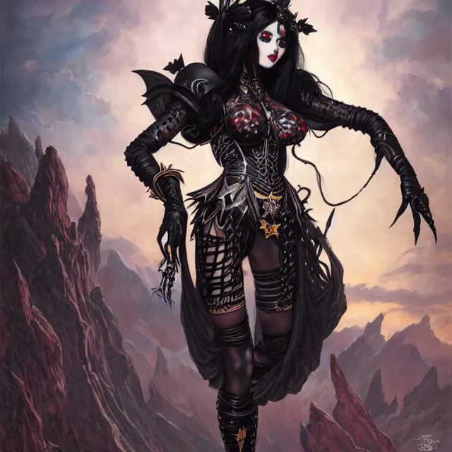 Image similar to portrait of beautiful goth girl cosplay with black hair in warhammer armor, black makeup, string bikini, few tattoos, art by stanley lau and artgem and wlop and magali villeneuve and karol bak and francois boucher and gennady ulybin and valery budanov and gustave boulangerie