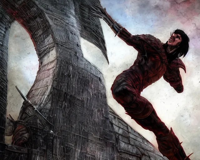 Prompt: An epic fantasy comic book style portrait painting of a very large very imposing giant Industrial goth Trent Reznor as as the Colossal Titan looking over the wall, character design by Mark Ryden and Pixar and Hayao Miyazaki, unreal 5, DAZ, hyperrealistic, octane render, cosplay, RPG portrait, dynamic lighting, intricate detail, cinematic, HD Wallpaper, wall poster