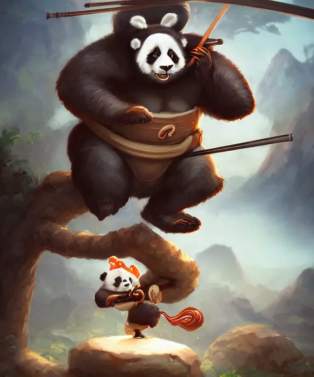 Prompt: a portrait an anthropomorphic panda samurai eating sushi, landscape in background, cute and adorable, dnd character art portrait, well rendered matte fantasy painting, deviantart artstation, by jason felix by steve argyle by tyler jacobson by peter mohrbacher, cinematic lighting